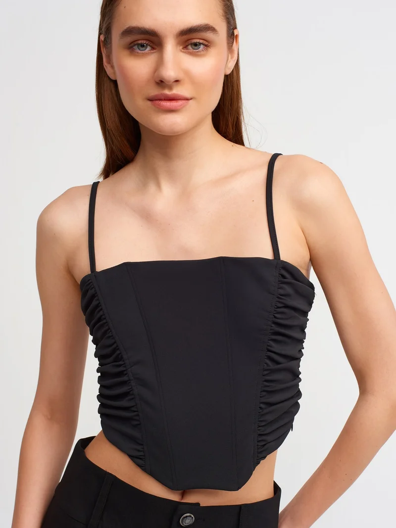 Dilvin 20129 Pleated Detailed Crop Top-Black