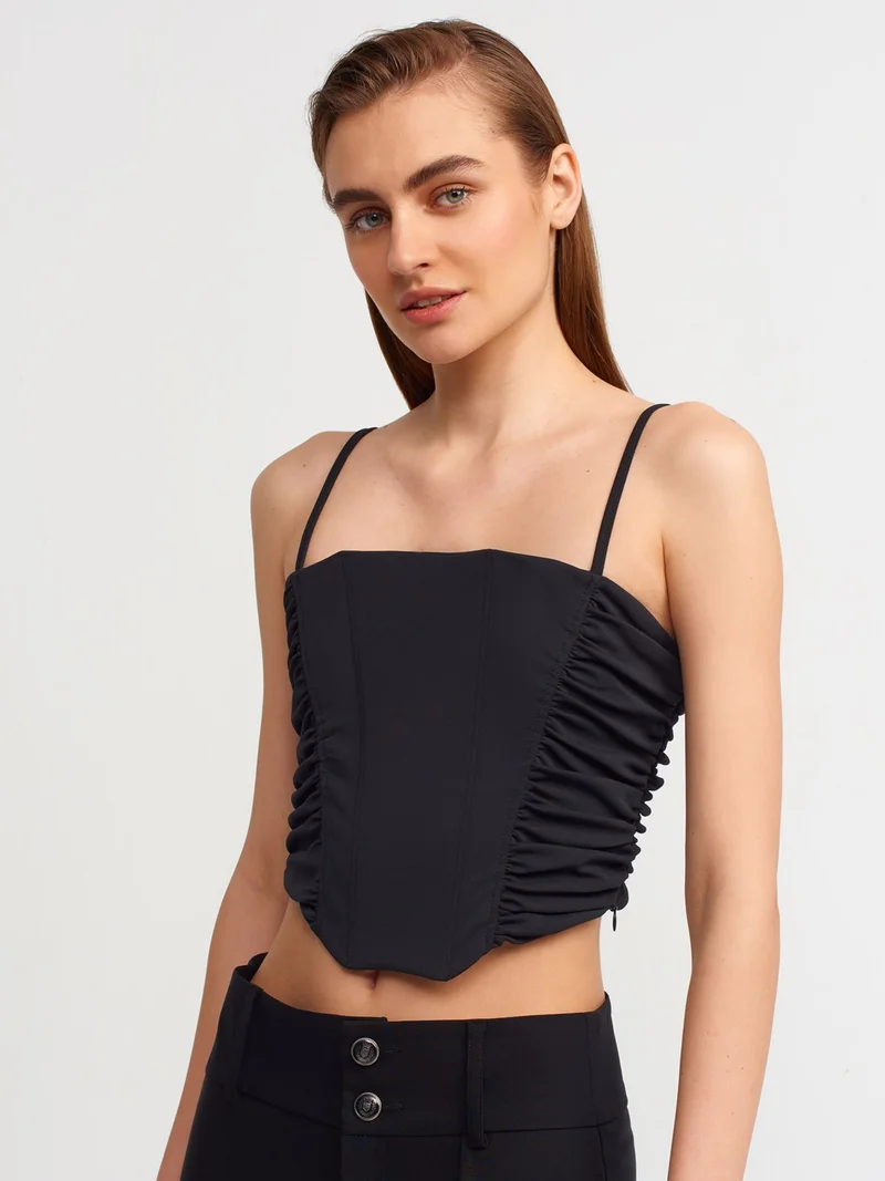 Dilvin 20129 Pleated Detailed Crop Top-Black