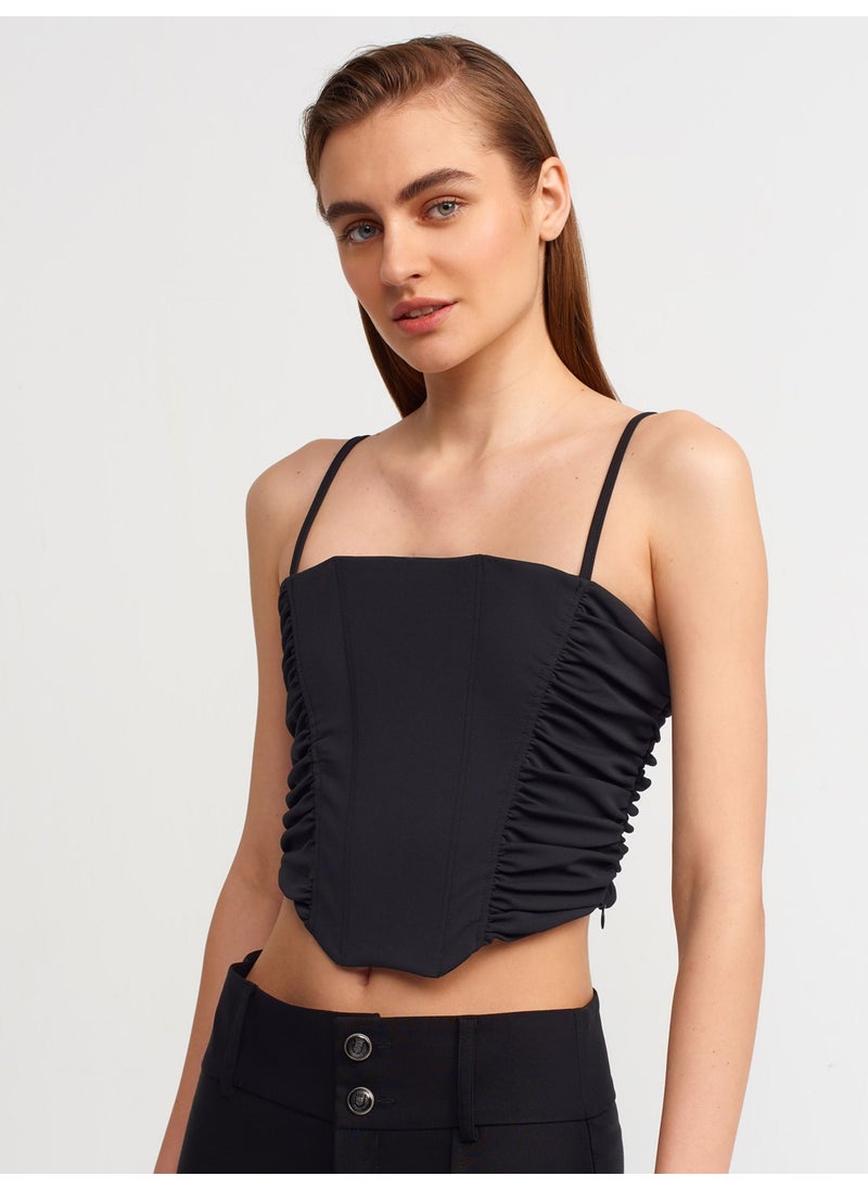 Dilvin - 20129 Pleated Detailed Crop Top-Black - Image 1