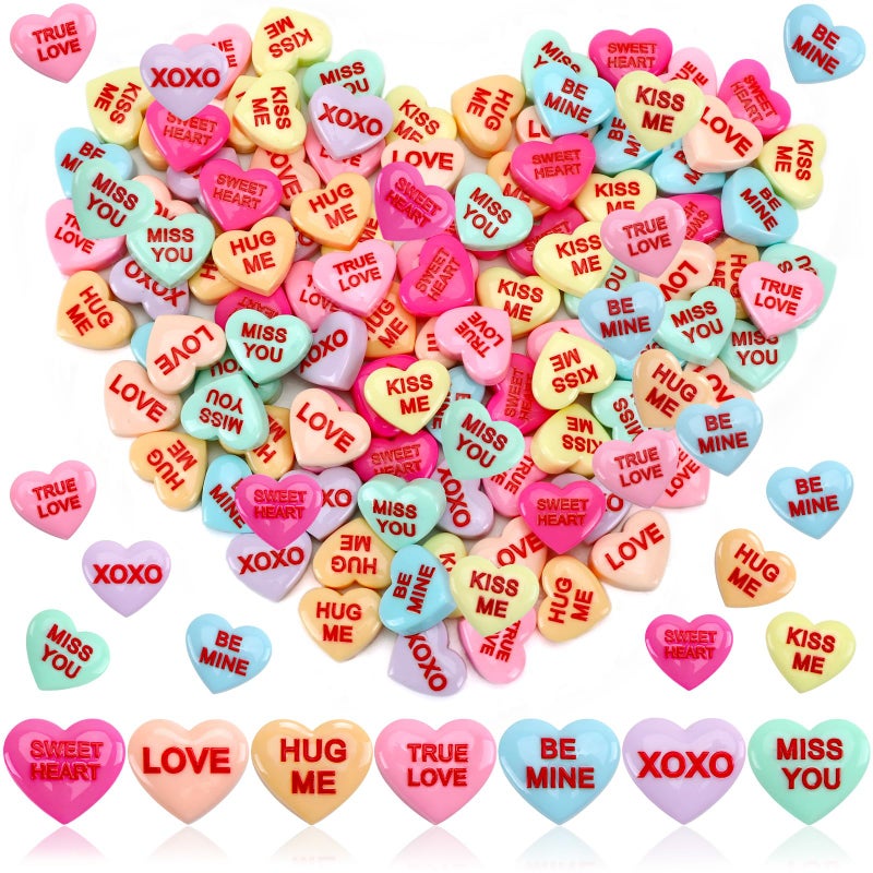 DTOFOOT 100 Pcs Conversation Hearts Decorations, Resin Candy Hearts for DIY Jewelry Making, Mini Heart Charms with XOXO True Love Phrases, Valentine's Day Craft Supplies - Image 1