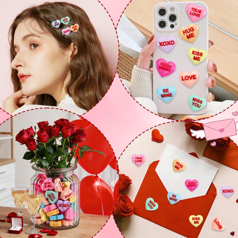 DTOFOOT 100 Pcs Conversation Hearts Decorations, Resin Candy Hearts for DIY Jewelry Making, Mini Heart Charms with XOXO True Love Phrases, Valentine's Day Craft Supplies - Image 4
