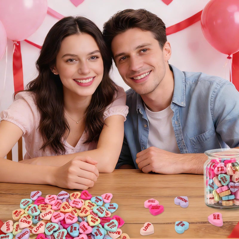 DTOFOOT 100 Pcs Conversation Hearts Decorations, Resin Candy Hearts for DIY Jewelry Making, Mini Heart Charms with XOXO True Love Phrases, Valentine's Day Craft Supplies - Image 3