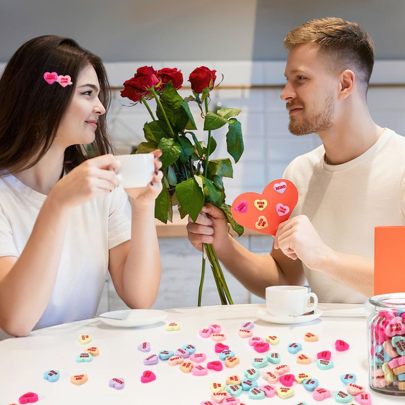 DTOFOOT 100 Pcs Conversation Hearts Decorations, Resin Candy Hearts for DIY Jewelry Making, Mini Heart Charms with XOXO True Love Phrases, Valentine's Day Craft Supplies - Image 2
