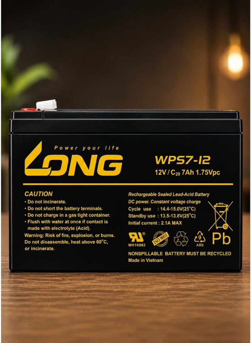 بطارية Long من نوع AGM (حمض الرصاص)، جهد 12 فولت، سعة 7 أمبير-ساعة (C20)، جهد قطع 1.75 فولت/خلية.