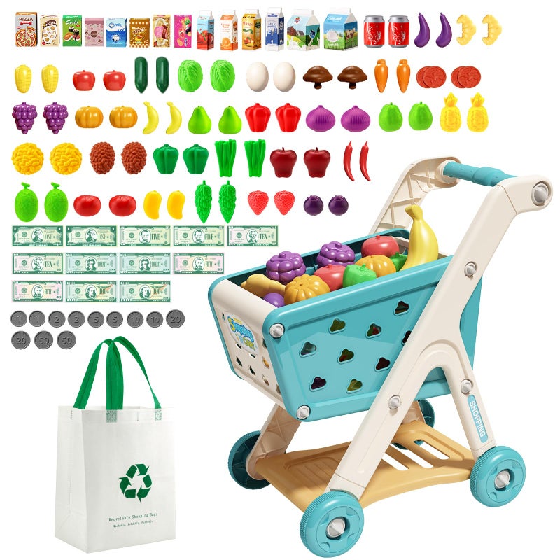Jovow 102pcs Kids Shopping Cart Trolley Play Set with Pretend Food and AccessoriesPerfect for Ages 3 Pretend Play and RolePlaying Games - Image 3