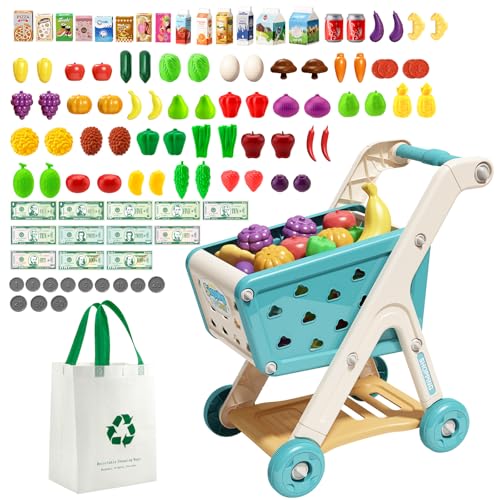 Jovow 102pcs Kids Shopping Cart Trolley Play Set with Pretend Food and AccessoriesPerfect for Ages 3 Pretend Play and RolePlaying Games - Image 1