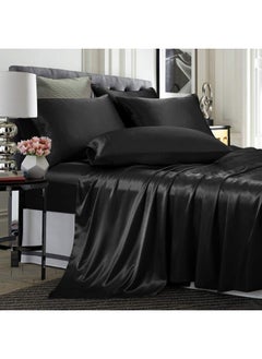 TREELY TREELY 6 Piece Satin Sheets Full Size Silky Smooth Black Satin Sheet Set with Deep Pocket, Satin Fitted Sheet, Flat Sheet, 4 Satin Pillowcase  - Image 1