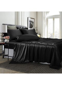 TREELY TREELY 6 Piece Satin Sheets Full Size Silky Smooth Black Satin Sheet Set with Deep Pocket, Satin Fitted Sheet, Flat Sheet, 4 Satin Pillowcase  - Image 2