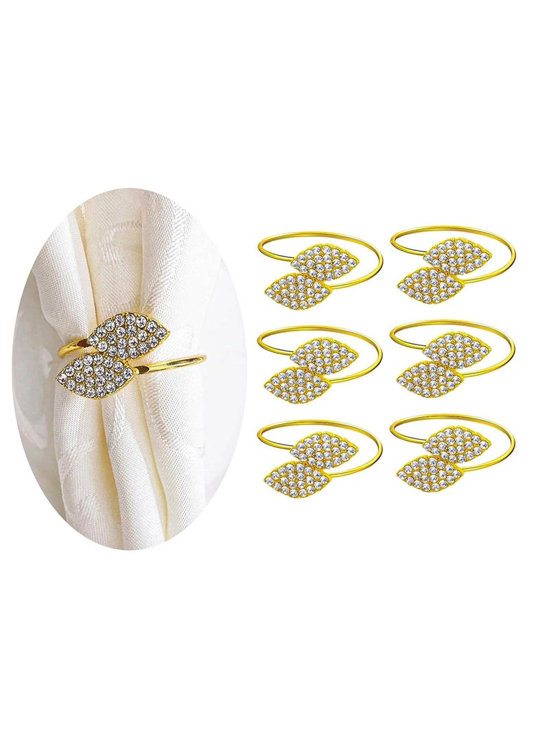 Napkin Rings, 6pcs Gold, Leaf Napkin Clasps With Diamante Decorations, Suitable For Parties, Banquets - Image 1