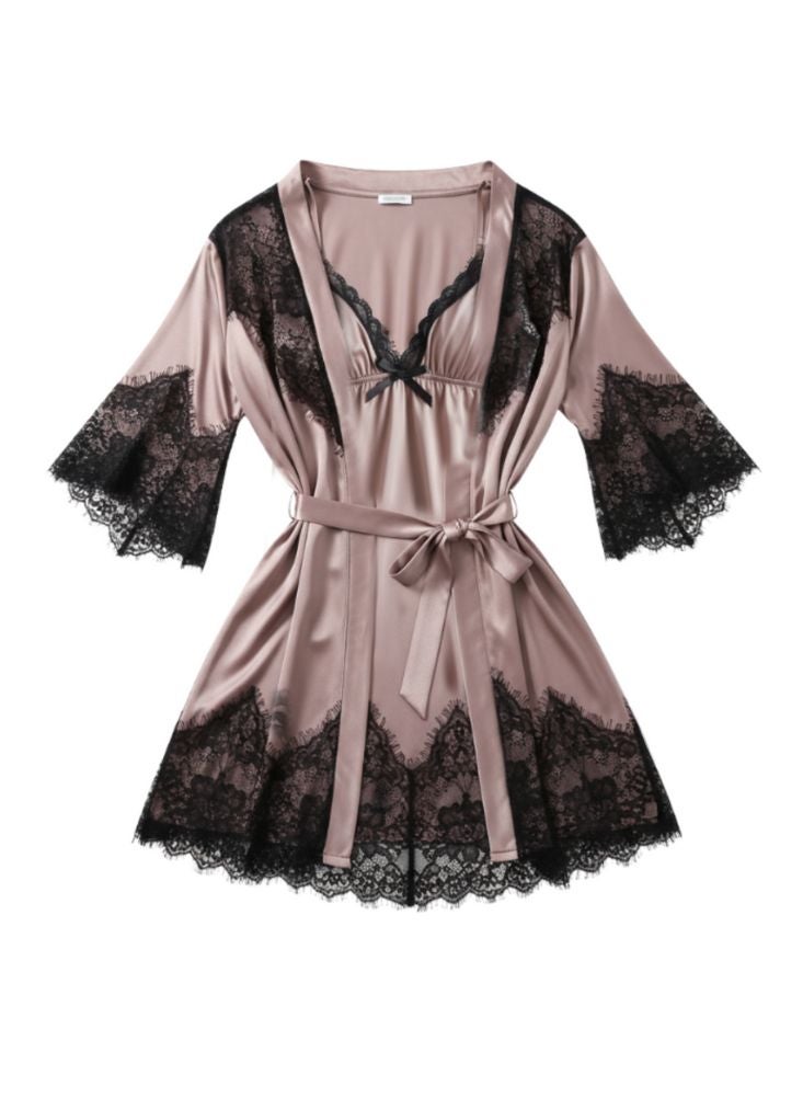 Cute Mauve 2 Pc Set Satin Nightwear Set for Women – Black Lace Trim Robe and Slip Combo - Image 2