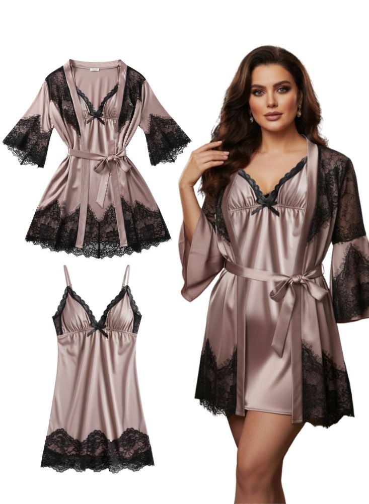 Cute Mauve 2 Pc Set Satin Nightwear Set for Women – Black Lace Trim Robe and Slip Combo - Image 1
