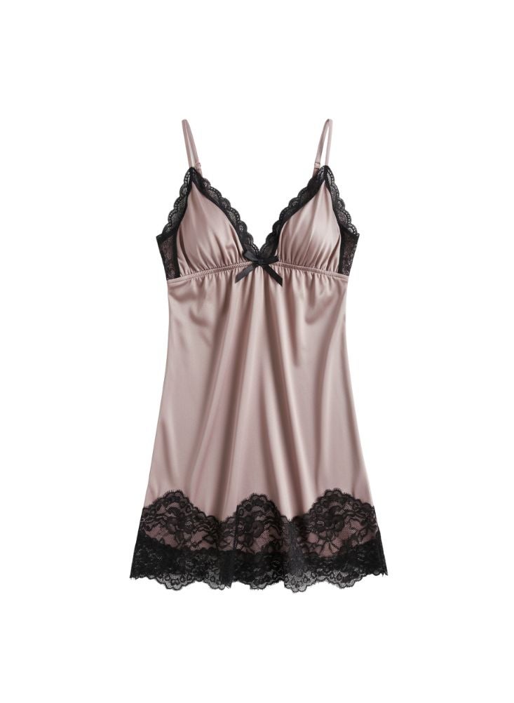 Cute Mauve 2 Pc Set Satin Nightwear Set for Women – Black Lace Trim Robe and Slip Combo - Image 3