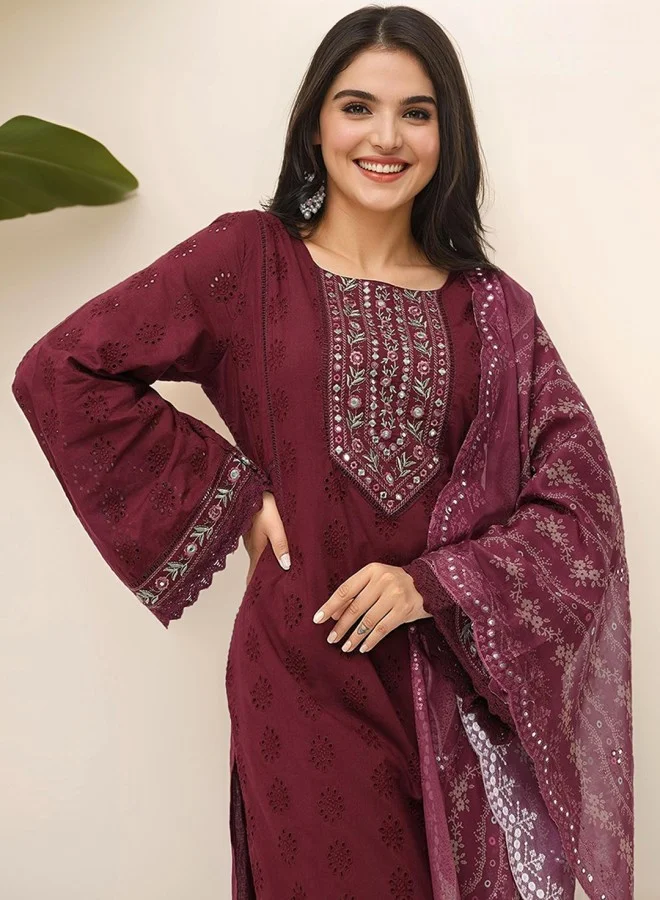 ISHIN Women's Wine 100% Cotton Embroidered Straight Fit Kurta Set