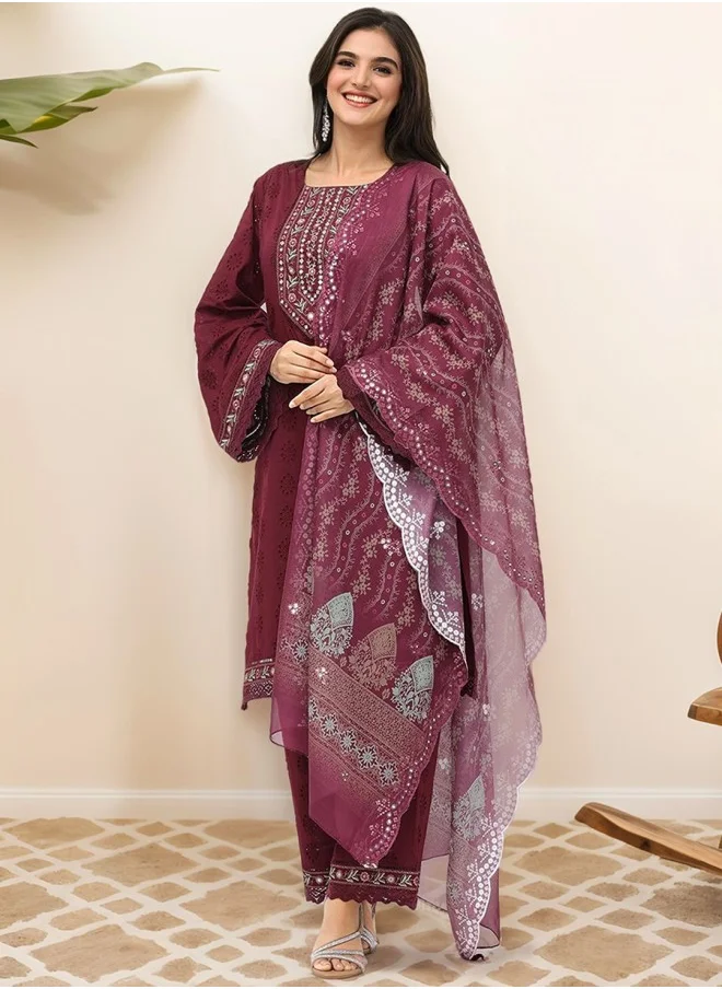 ISHIN Straight Fit Embroidered Pattern Round Neck Three-Quarter Sleeves Wine Colour Knitted Cotton Kurta Set for Women with Semi Elastic Closure - Crafted for Elegance and Ease