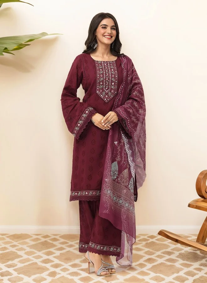 ISHIN Women's Wine 100% Cotton Embroidered Straight Fit Kurta Set
