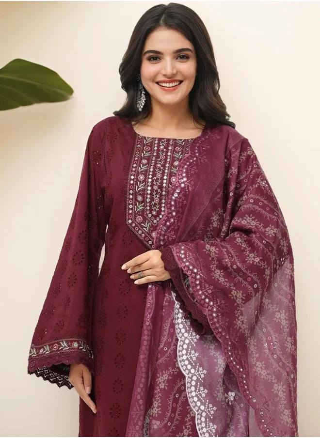 ISHIN Straight Fit Embroidered Pattern Round Neck Three-Quarter Sleeves Wine Colour Knitted Cotton Kurta Set for Women with Semi Elastic Closure - Crafted for Elegance and Ease