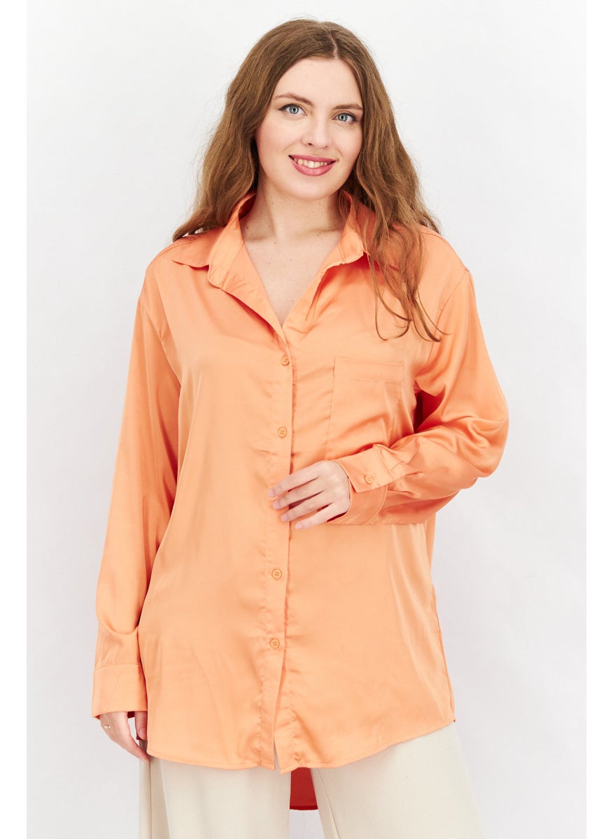 SkyLar Rose Women Spread Neck Long Sleeves Satin Open Back Shirt, Orange  - Image 1