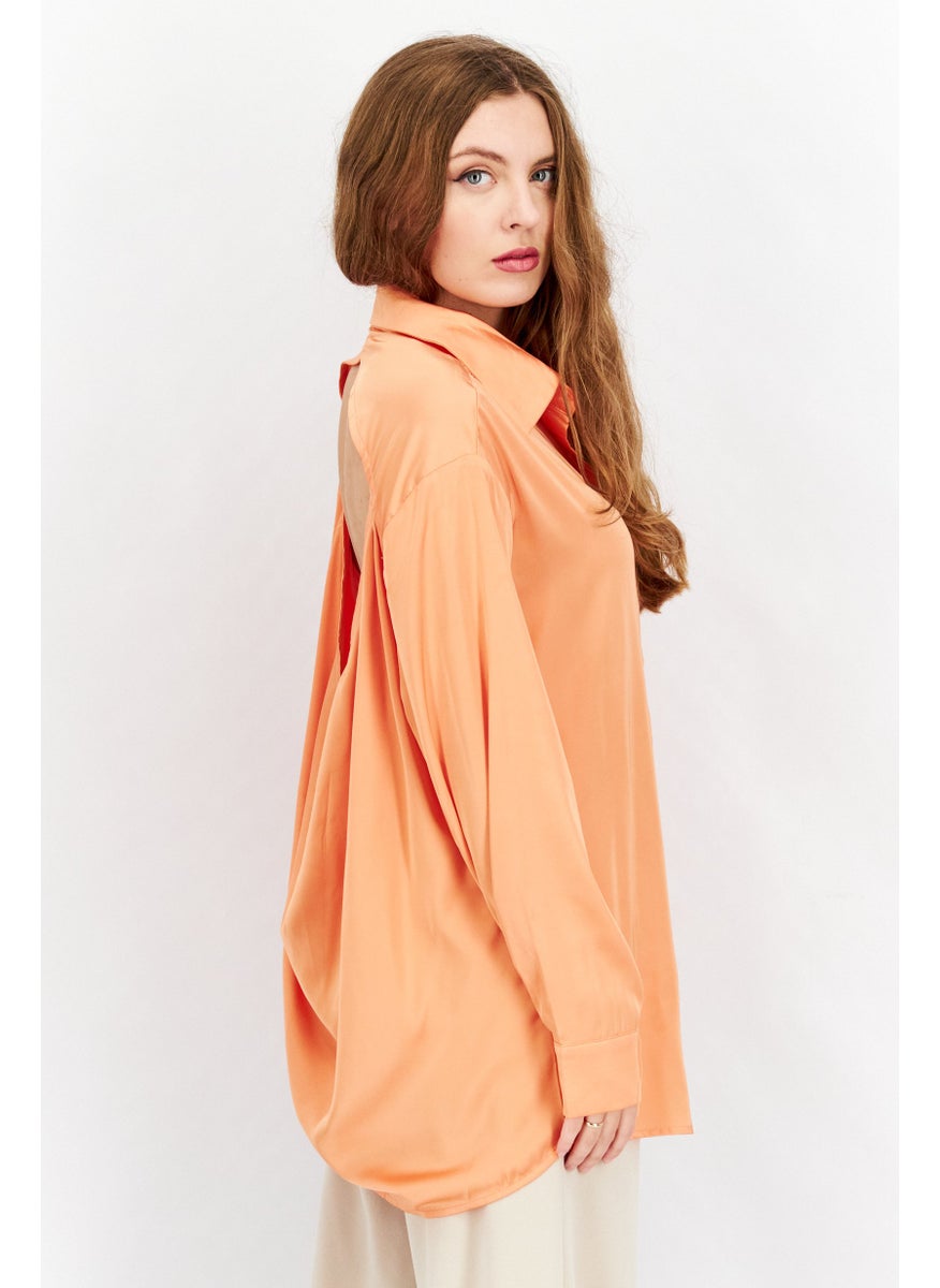 SkyLar Rose Women Spread Neck Long Sleeves Satin Open Back Shirt, Orange  - Image 3