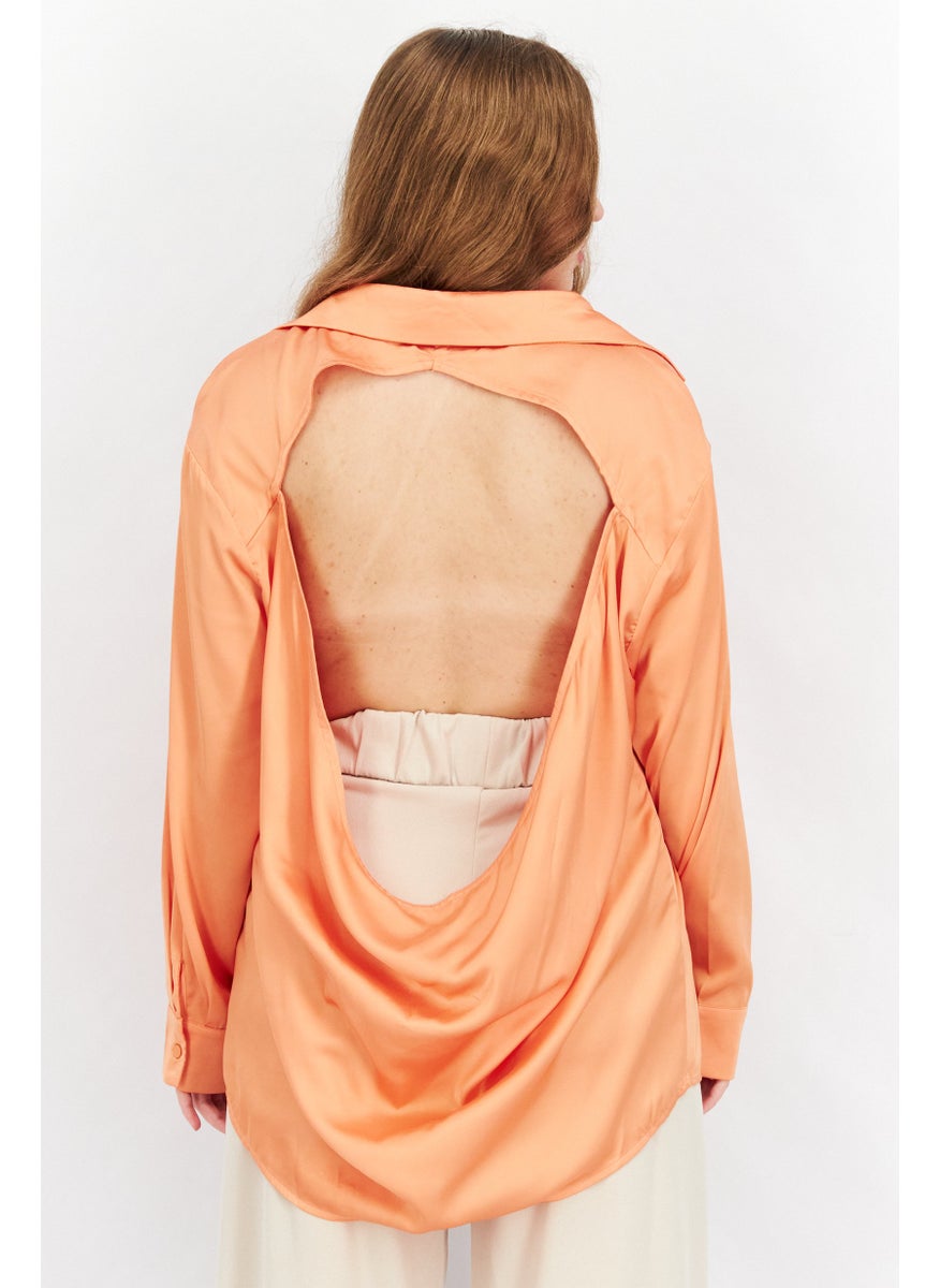 SkyLar Rose Women Spread Neck Long Sleeves Satin Open Back Shirt, Orange  - Image 2
