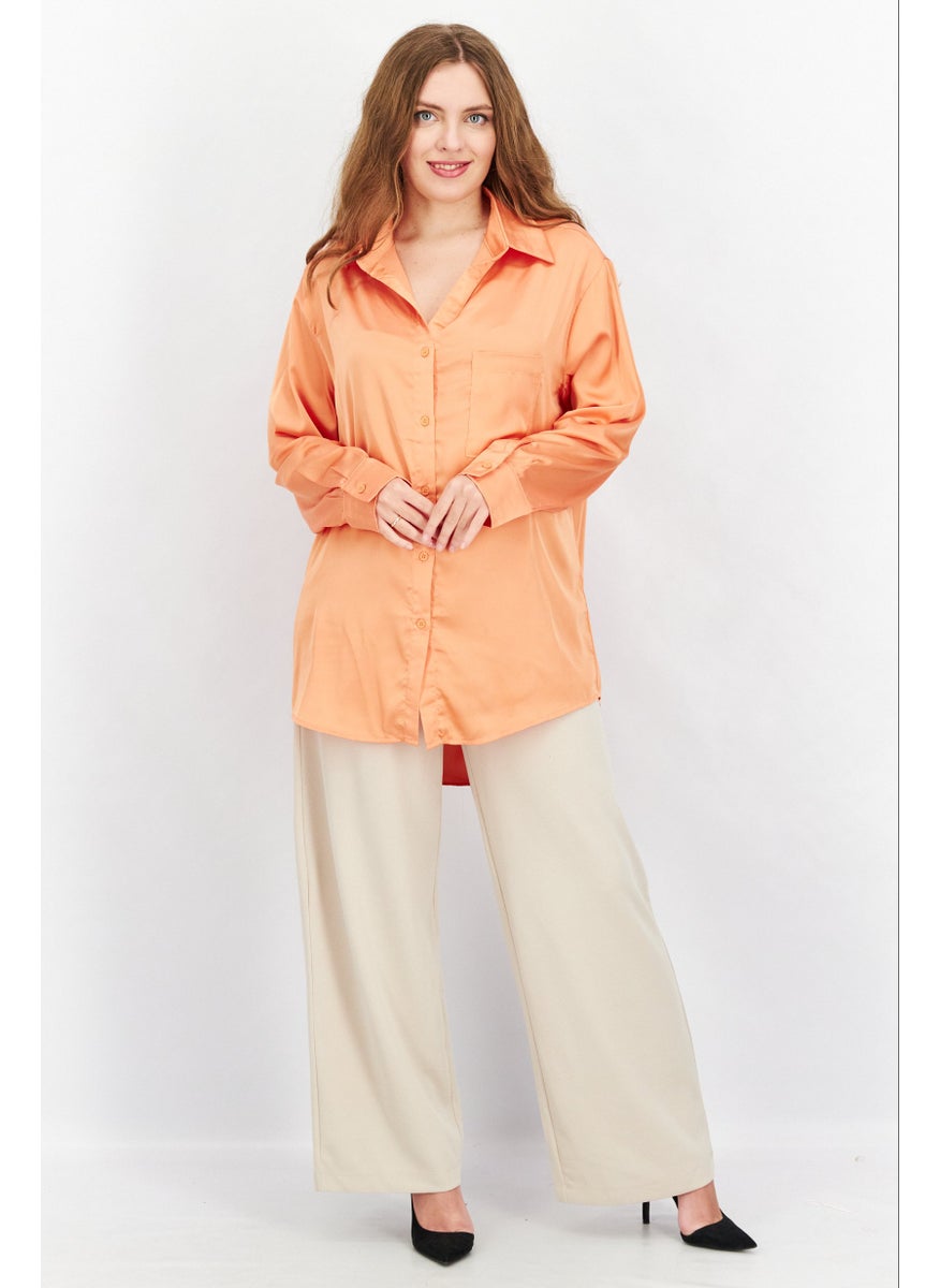 SkyLar Rose Women Spread Neck Long Sleeves Satin Open Back Shirt, Orange  - Image 4