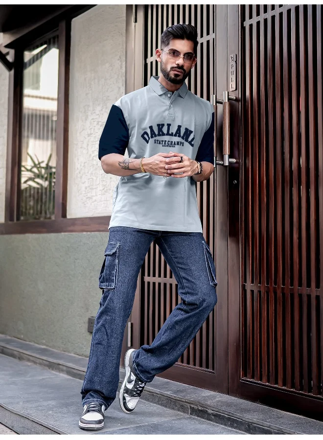 Maniac Mens Printed Polo Neck 3/4th Sleeve Light Grey and Navy Cotton Oversized T-Shirt