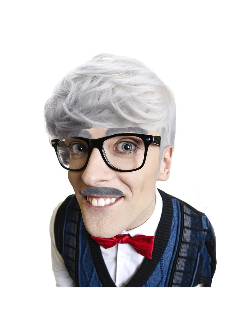 SYOSI Old Man Costume Set, 6 Pcs Grandpa Wig Costume Kit, Cosplay Costume Set Including Wig Cap/Wig/Glasses/Fake Beard/Faux Eyebrows/Pipe, for Cosplay Costume/Party Props/Masquerade Accessories - Image 2