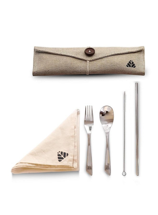 Rusabl طقم أدوات مائدة من الفولاذ المقاوم للصدأ من روسابل (عبوة من 5، بيج) طقم سفر قابل لإعادة الاستخدام للاستخدام اليومي، الهدايا والسفر (ملعقة، شوكة، قشة فولاذية، فرشاة تنظيف، منديل وجراب من الجوت) - Image 1