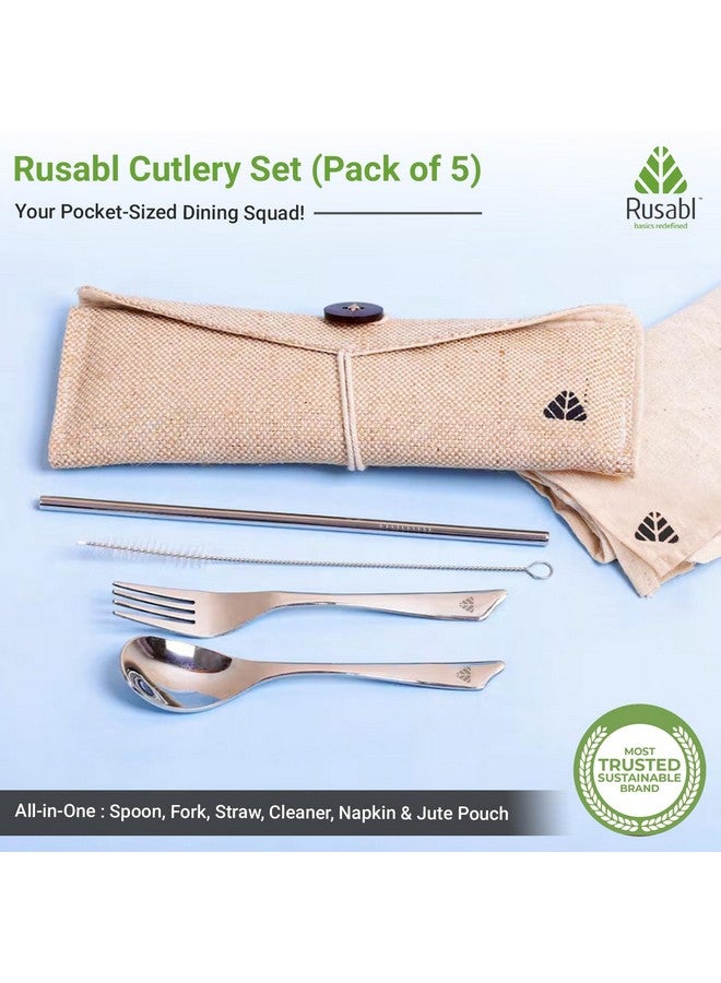 Rusabl طقم أدوات مائدة من الفولاذ المقاوم للصدأ من روسابل (عبوة من 5، بيج) طقم سفر قابل لإعادة الاستخدام للاستخدام اليومي، الهدايا والسفر (ملعقة، شوكة، قشة فولاذية، فرشاة تنظيف، منديل وجراب من الجوت) - Image 2