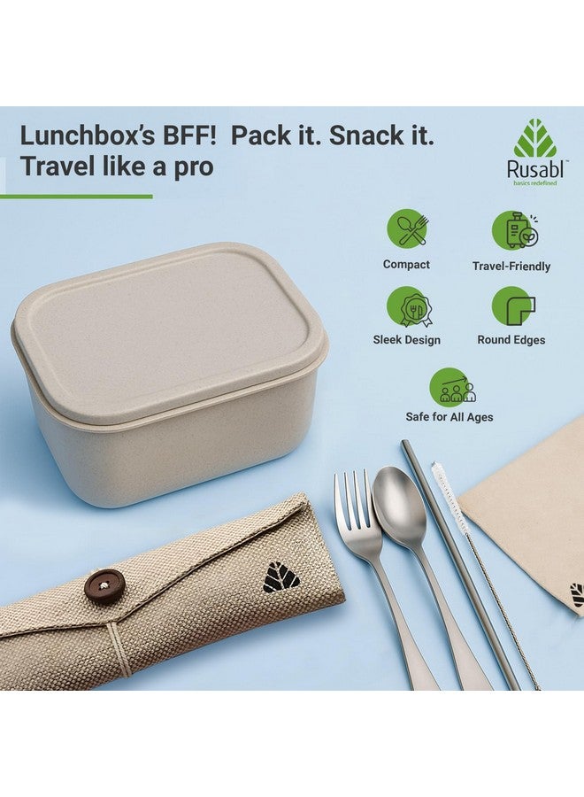 Rusabl طقم أدوات مائدة من الفولاذ المقاوم للصدأ من روسابل (عبوة من 5، بيج) طقم سفر قابل لإعادة الاستخدام للاستخدام اليومي، الهدايا والسفر (ملعقة، شوكة، قشة فولاذية، فرشاة تنظيف، منديل وجراب من الجوت) - Image 5