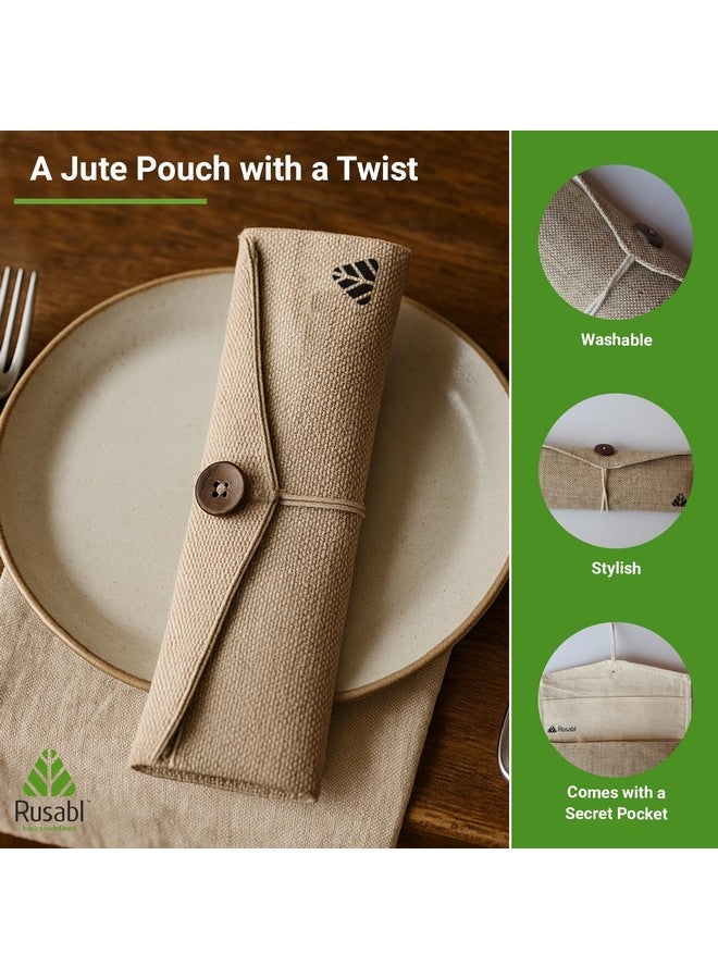 Rusabl طقم أدوات مائدة من الفولاذ المقاوم للصدأ من روسابل (عبوة من 5، بيج) طقم سفر قابل لإعادة الاستخدام للاستخدام اليومي، الهدايا والسفر (ملعقة، شوكة، قشة فولاذية، فرشاة تنظيف، منديل وجراب من الجوت) - Image 4