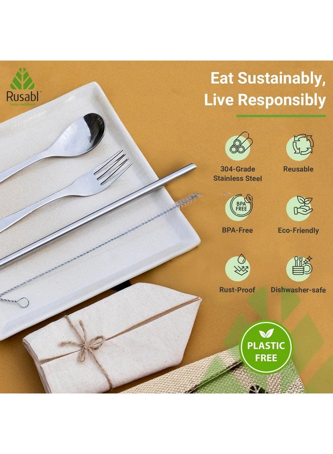 Rusabl طقم أدوات مائدة من الفولاذ المقاوم للصدأ من روسابل (عبوة من 5، بيج) طقم سفر قابل لإعادة الاستخدام للاستخدام اليومي، الهدايا والسفر (ملعقة، شوكة، قشة فولاذية، فرشاة تنظيف، منديل وجراب من الجوت) - Image 3