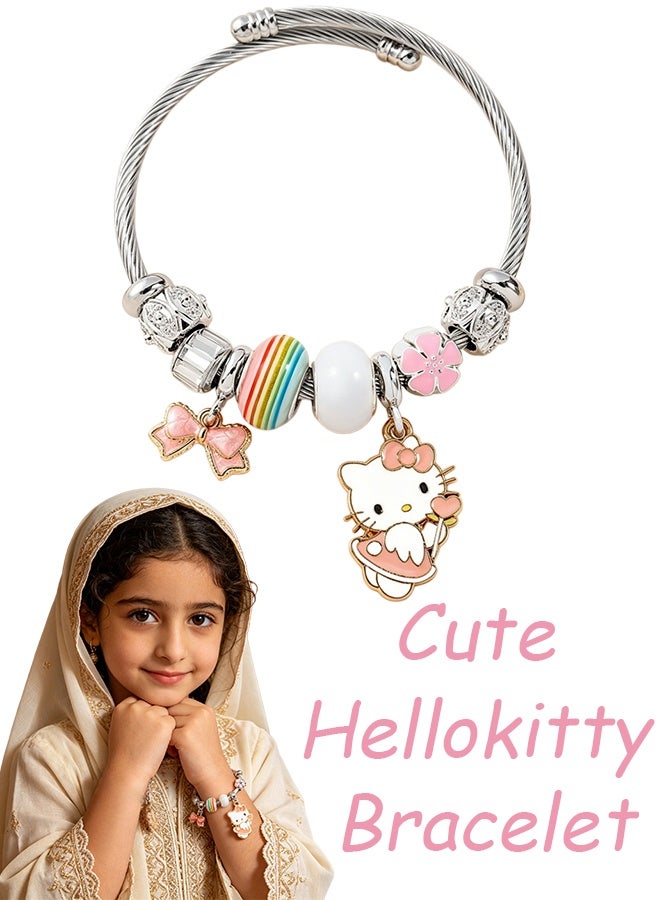 Hello Kitty Charm Bracelet Sanrio Themed Beaded Bangle with Rainbow Beads and Bow Charms Adjustable Stainless Steel Bangle for Girls Women Daily Wear Birthday Party Gift - Image 1