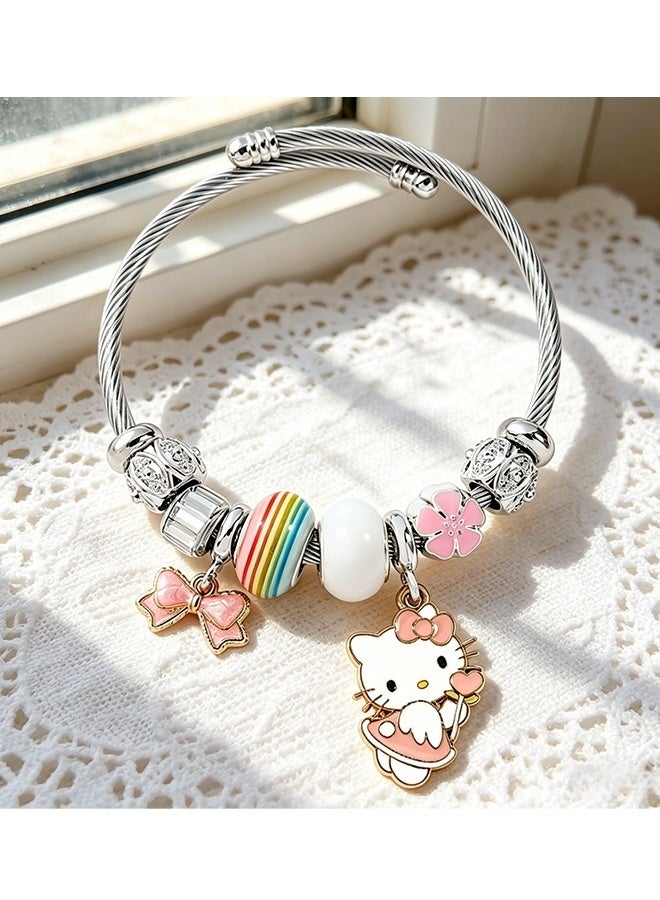 Hello Kitty Charm Bracelet Sanrio Themed Beaded Bangle with Rainbow Beads and Bow Charms Adjustable Stainless Steel Bangle for Girls Women Daily Wear Birthday Party Gift - Image 4