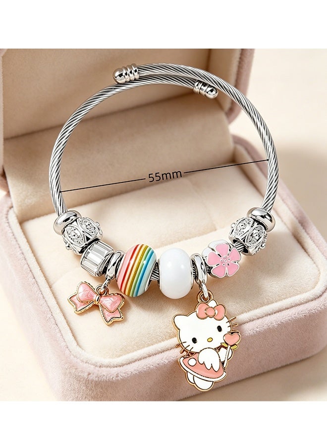 Hello Kitty Charm Bracelet Sanrio Themed Beaded Bangle with Rainbow Beads and Bow Charms Adjustable Stainless Steel Bangle for Girls Women Daily Wear Birthday Party Gift - Image 5