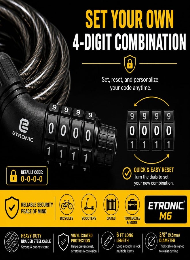 ETRONIC M6 Resettable Combination Lock Bike Cable, 6-Feet x 3/8-Inch, Black - Image 5