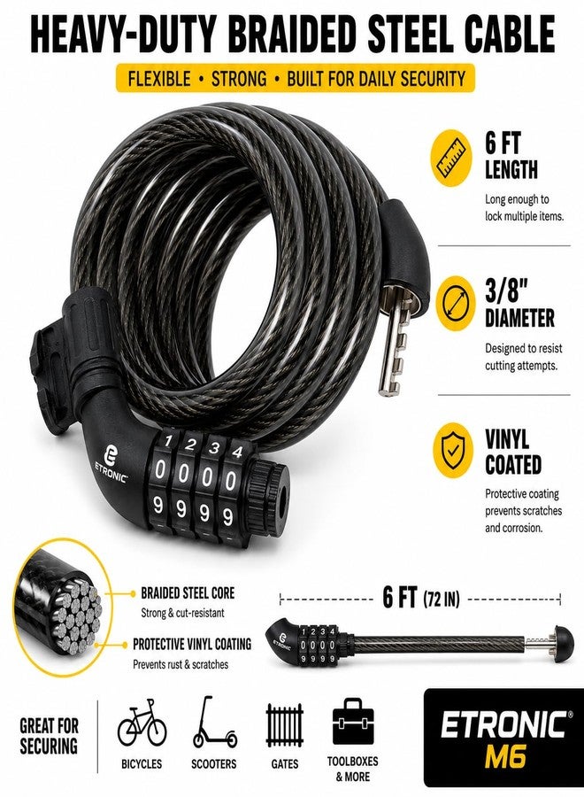 ETRONIC M6 Resettable Combination Lock Bike Cable, 6-Feet x 3/8-Inch, Black - Image 4