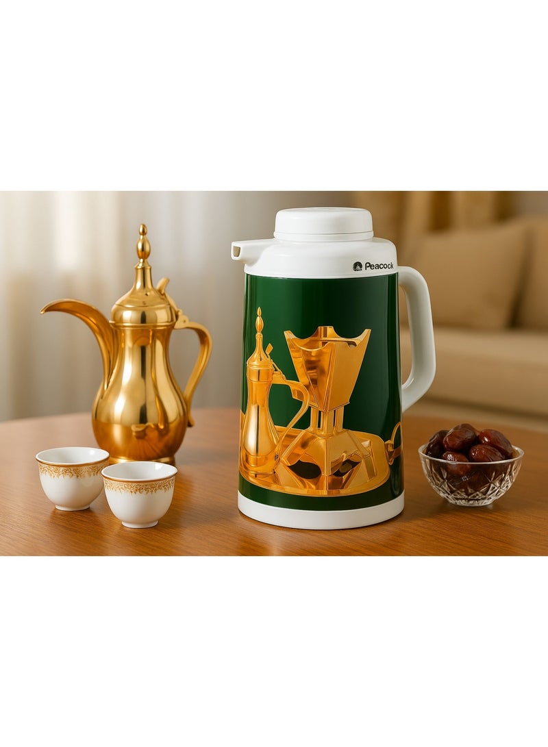 بيكوك ترمس بيكوك ستانلس ستيل سعة 1.9 لتر – بتصميم دلة عربية، مزدوج الجدار لحفظ الحرارة والبرودة، محكم الإغلاق ومتين (أخضر/ذهبي) - Image 2