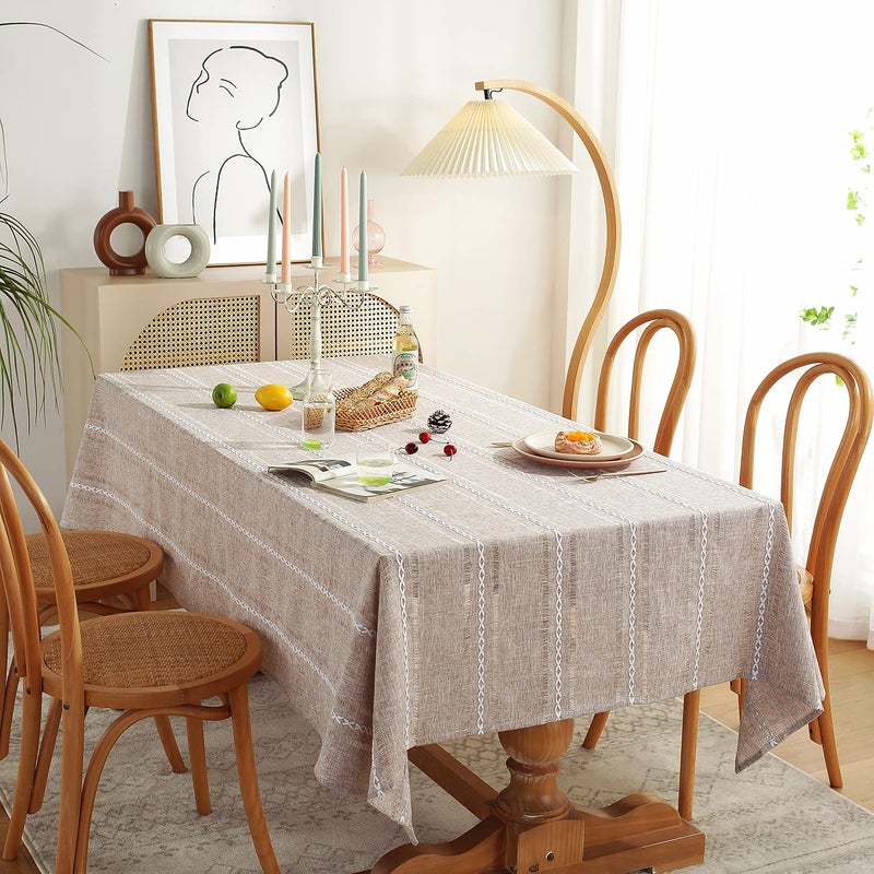 Chassic 60 x 120 inches Farmhouse Style Linen tablecloths, Wrinkle Resistant Washable Dining Room Table Cloths for 8 Foot Rectangle Tables - Hemstitch Light Coffee - Image 3