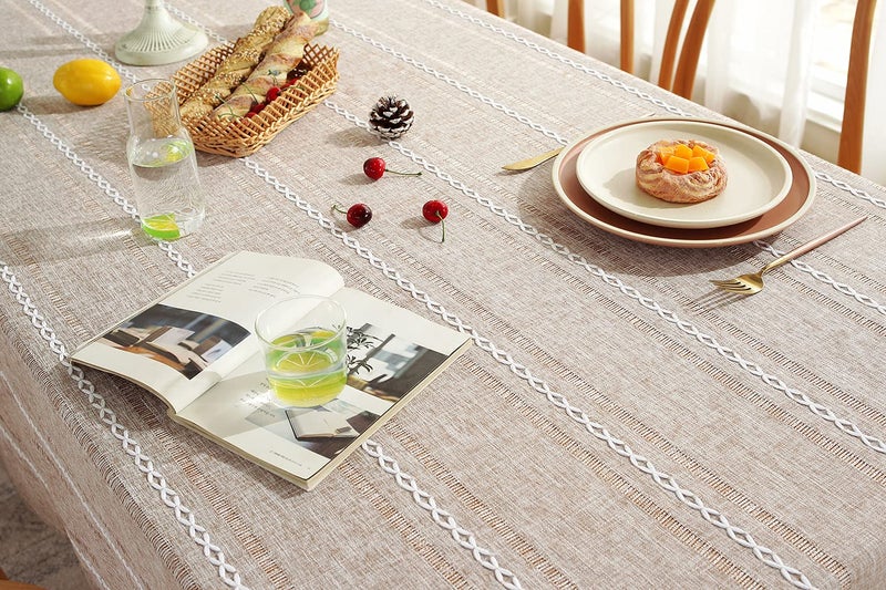 Chassic 60 x 120 inches Farmhouse Style Linen tablecloths, Wrinkle Resistant Washable Dining Room Table Cloths for 8 Foot Rectangle Tables - Hemstitch Light Coffee - Image 5