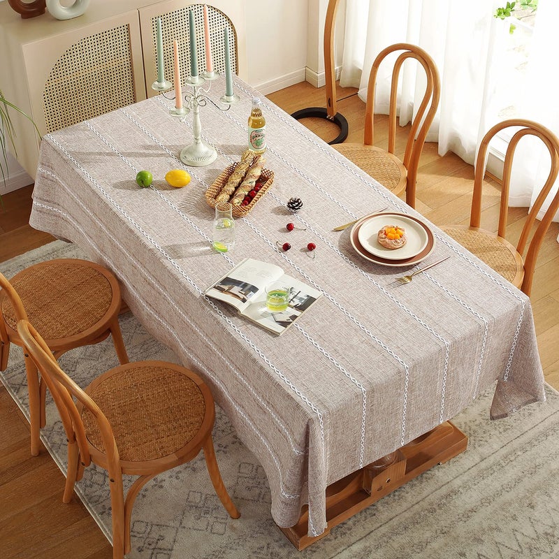 Chassic 60 x 120 inches Farmhouse Style Linen tablecloths, Wrinkle Resistant Washable Dining Room Table Cloths for 8 Foot Rectangle Tables - Hemstitch Light Coffee - Image 4