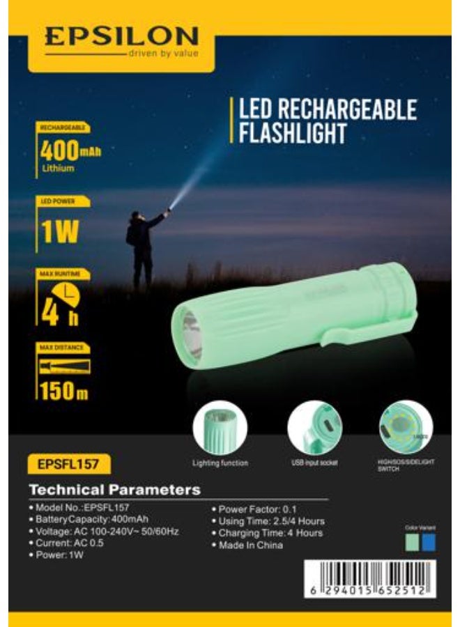 Epsilon Rechargeable LED Flashlight EPSFL157 - 1W Lithium Battery Torch with 150M Long Distance Beam, 3 Lighting Modes, Type-C USB Charging, 400mAh Battery, Portable Emergency Light for Camping, Hiking & Outdoor Use - Blue - Image 3