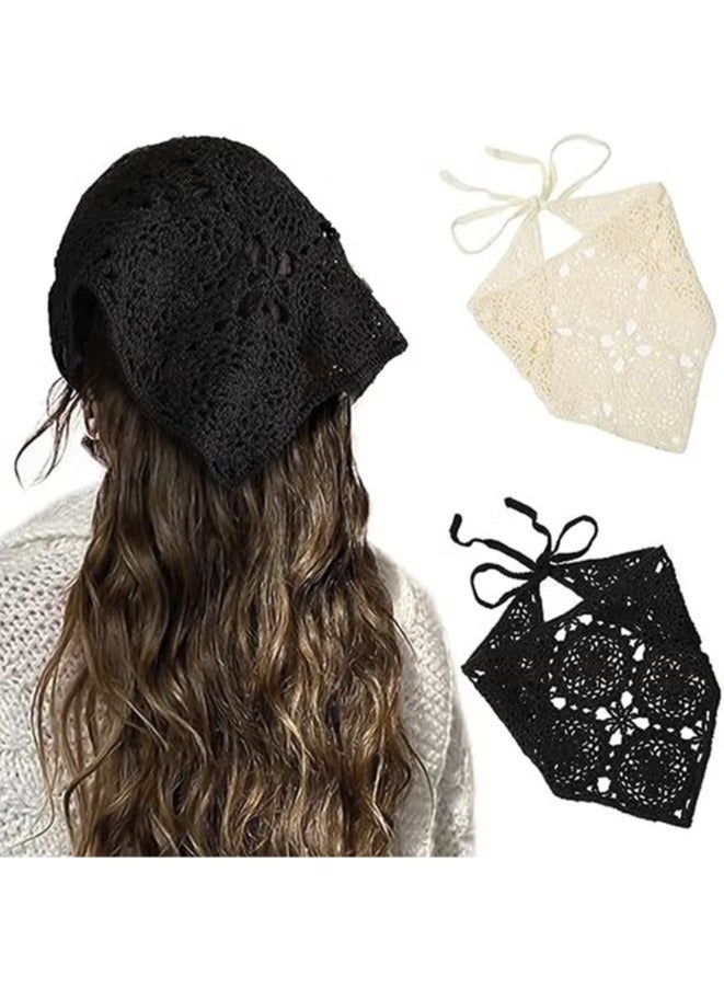 Floral Crochet Hair Bandanas Headscarf 2 PCS Women Hair Scarf Daisy Headband Vintage Head Kerchief for Girls (White and black) - Image 1
