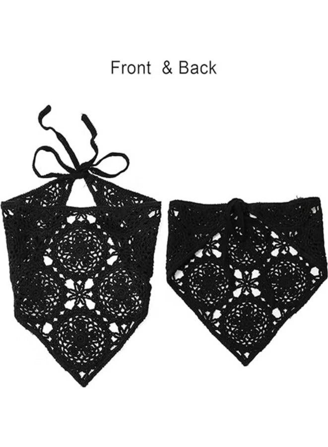 Floral Crochet Hair Bandanas Headscarf 2 PCS Women Hair Scarf Daisy Headband Vintage Head Kerchief for Girls (White and black) - Image 3