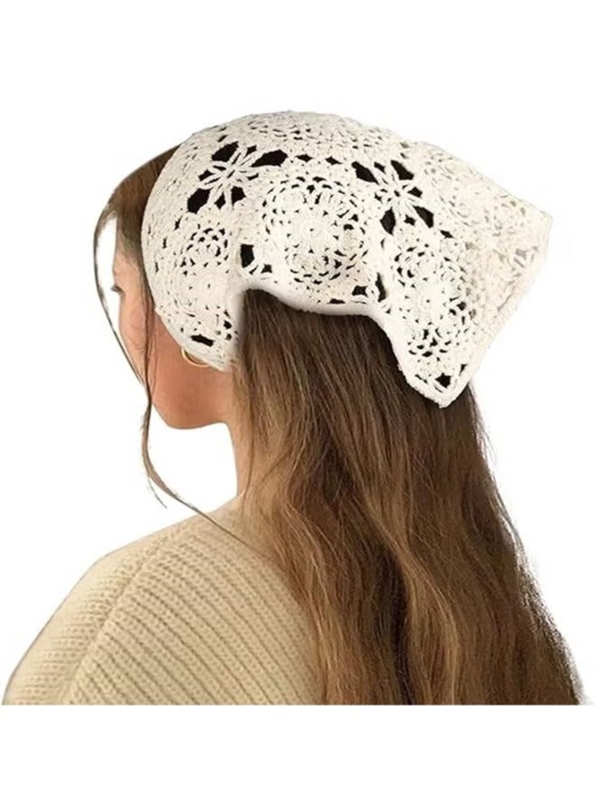 Floral Crochet Hair Bandanas Headscarf 2 PCS Women Hair Scarf Daisy Headband Vintage Head Kerchief for Girls (White and black) - Image 5