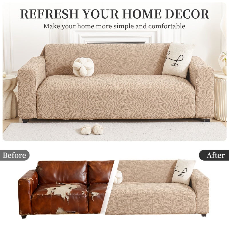 Artistic Leaf Jacquard Sofa Slipcover Cream Color Four Seater Stretch Full Coverage - Image 2