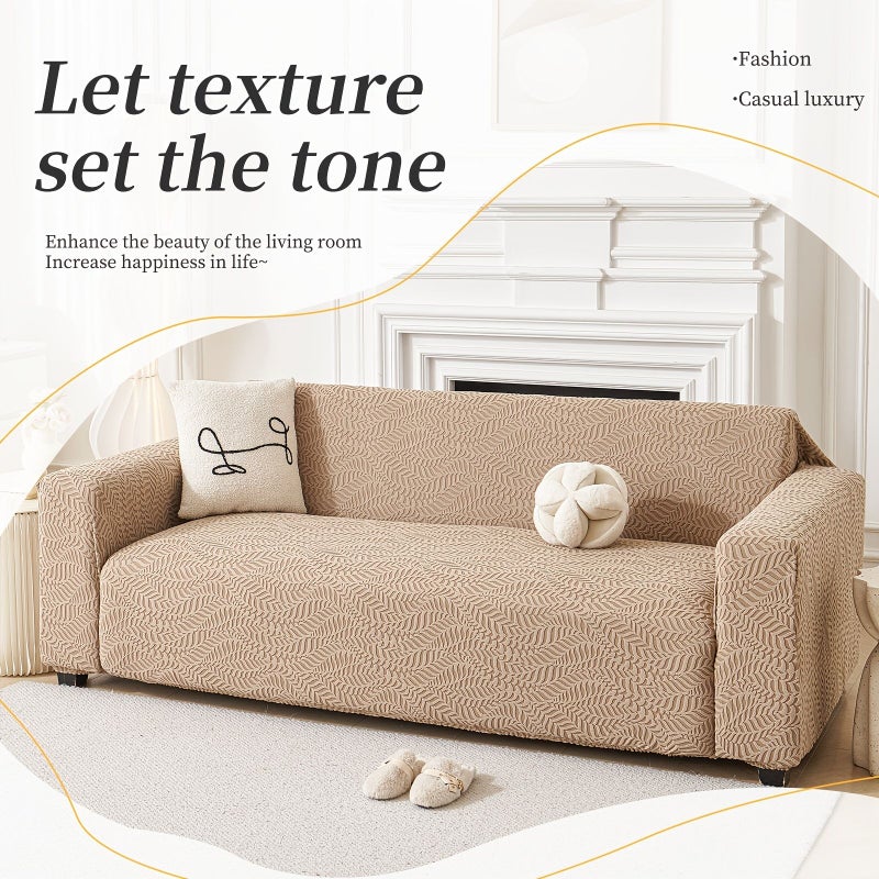 Artistic Leaf Jacquard Sofa Slipcover Cream Color Four Seater Stretch Full Coverage - Image 1