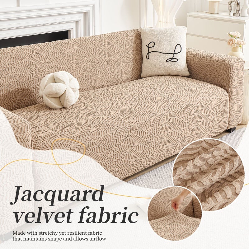 Artistic Leaf Jacquard Sofa Slipcover Cream Color Four Seater Stretch Full Coverage - Image 4