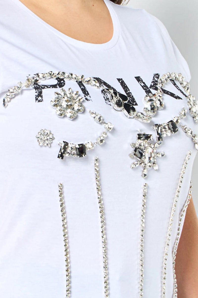 PINKO تي شيرت قصير الأكمام مزين بياقة دائرية للنساء، أبيض - Image 5