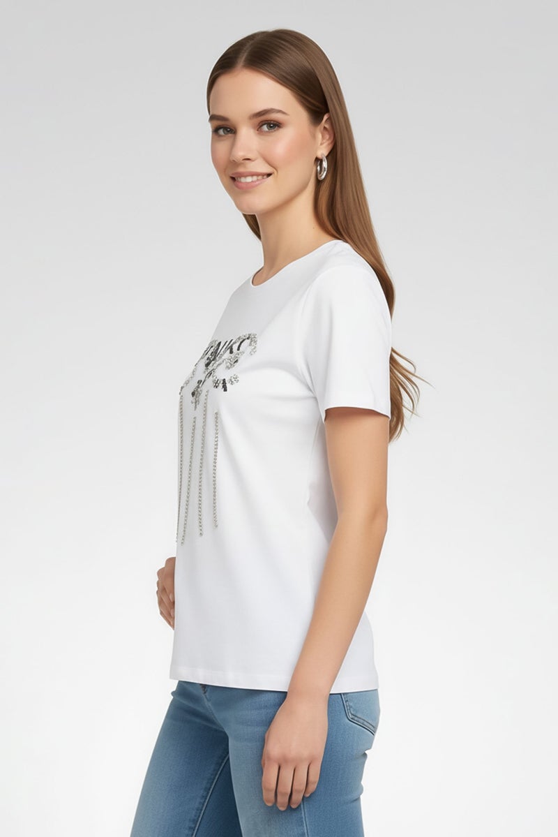 PINKO تي شيرت قصير الأكمام مزين بياقة دائرية للنساء، أبيض - Image 3