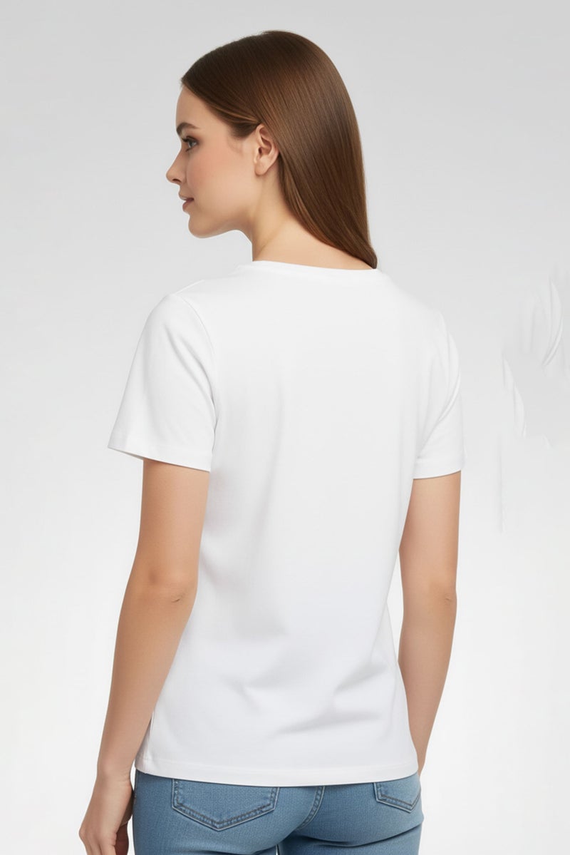 PINKO تي شيرت قصير الأكمام مزين بياقة دائرية للنساء، أبيض - Image 4